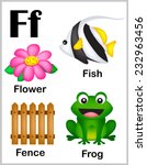 Cute and colorful alphabet letter F with set of illustrations and words printable sheet. 