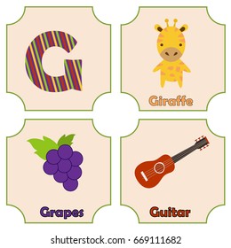 Cute and colorful alphabet letter G with set of illustrations and words