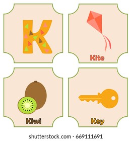 Cute and colorful alphabet letter K with set of illustrations and words