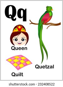 Cute and colorful alphabet letter Q with set of illustrations and words printable sheet. 