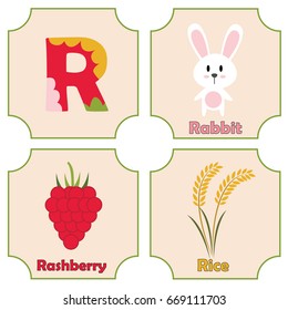 Cute and colorful alphabet letter R with set of illustrations and words