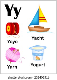 Cute and colorful alphabet letter Y with set of illustrations and words printable sheet. 