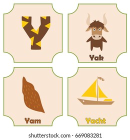 Cute and colorful alphabet letter Y with set of illustrations and words