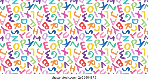 Cute colorful alphabet vector seamless pattern for kids and school designs, Hand written bright vibrant letters for backgrounds, wrapping paper