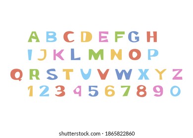 Cute colorful alphabet. Vector typography design isolated on white background. Set of letters and numbers.
