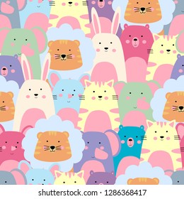 Cute Colorful Animal Seamless Pattern.Cartoon Character Handdraw Bunny Rabbit,teddy Bear,elephant,lion,cat Kitty,mouse.