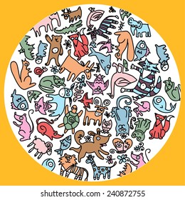 Cute colorful animals pattern with fox, owl, dog, cat, mouse, elephant, frog, bear, fish, tortoise, hippo, lion, sheep, cow and others.