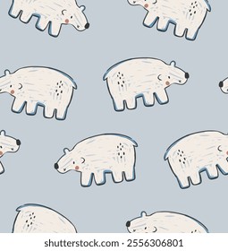 Cute colorful animals sea lion, rabbit, deer, fox, tree, polar bear, ice, ice age, animals, funny seamless print pattern graphic tee design for kids market as vector 