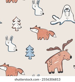 Cute colorful animals sea lion, rabbit, deer, fox, tree, polar bear, ice, ice age, animals, funny seamless print pattern graphic tee design for kids market as vector 