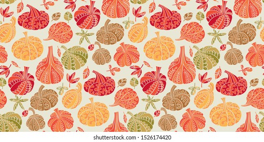 Cute colorful assorted pumpkins seamless pattern for background, wrap, fabric, textile, wrap, surface, web and print design. Cute simple fall season vegetable. 
