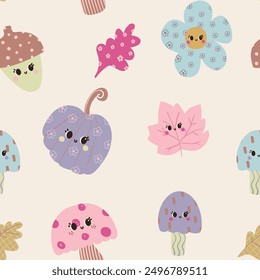 Cute colorful autumn leafs mushrooms flowers pumpkin nuts seamless print pattern graphic tee design for kids market as vector