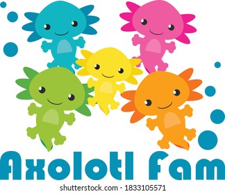 Cute and Colorful Axolotl Family with Bubbles