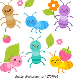 Cute Colorful Baby Ant Bugs. Vector Illustration