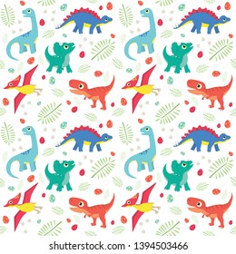 Cute Colorful Baby Dinosaurs on White Background Seamless Pattern Flat Vector Illustration