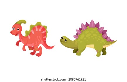 Cute colorful baby dinosaurs set vector illustration on white background