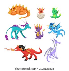 Cute colorful baby dragons and dinosaur cartoon illustration set. Fairytale monsters or creatures blowing fire, laughing, hatching form egg, sleeping and flying. Reptiles, wild animal concept