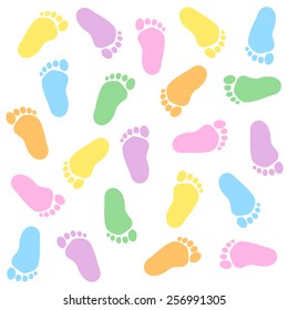 Cute and colorful baby footprints seamless pattern white background