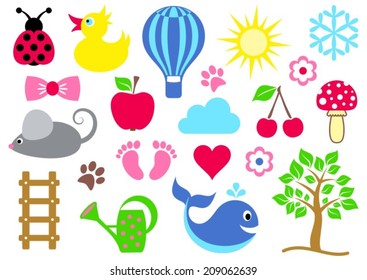 Cute colorful baby icons collection on white background