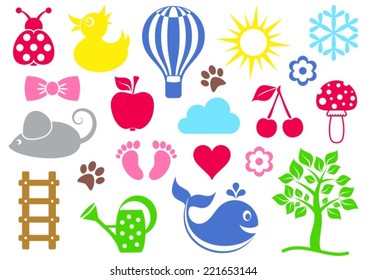 Cute colorful baby icons set on white background