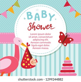 Cute colorful baby shower greeting card with stork and baby