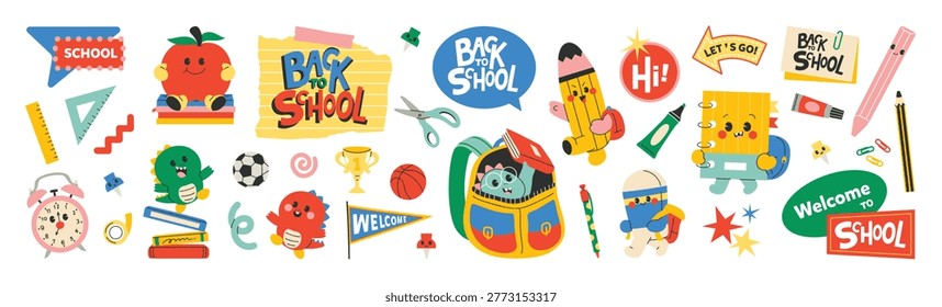 Cute colorful back to school sticker set vector. Kids education doodle icons with backpack, books, pencil, apple, ruler, alarm clock, notebook for classroom banner.