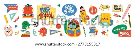 Cute colorful back to school sticker set vector. Kids education doodle icons with backpack, books, pencil, apple, ruler, alarm clock, notebook for classroom banner.