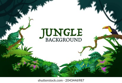 Cute colorful background with jungle plants and green lettering. Tropical leaves. Woody natural rainforest with beautiful plants and animals. Flat cartoon vector illustration