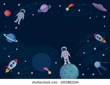 Cute colorful background template with space mars stars planets ufo rockets spaceships satellite and comet on dark background. Vector illustration, frame for kids