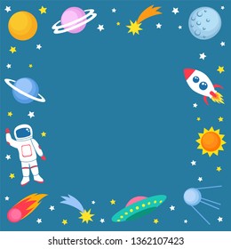 Cute colorful background template with space mars stars planets ufo rockets spaceships satellite and comet on blue background. Vector illustration, frame for kids