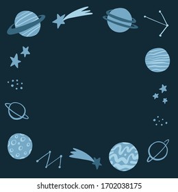 Cute colorful background template with space mars stars planets and comet on blue background. Vector illustration, frame for kids