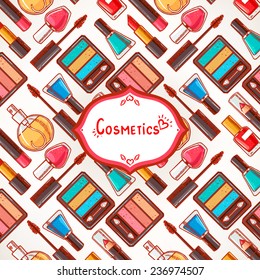 cute colorful background with women's cosmetics and place for text