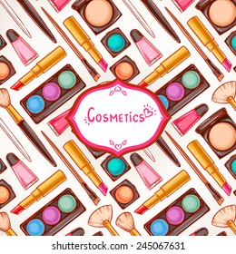 cute colorful background with women's cosmetics and place for text