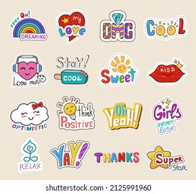 Cute colorful badges multicolored stickers set vector flat illustration. Collection fashion patches, inspirational quotes, fun cartoon icons design. Childish sticky elements for decorative design