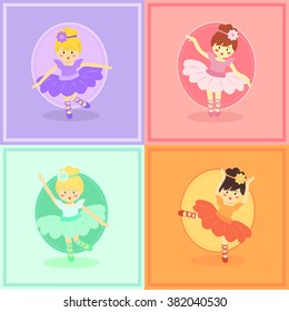 Cute Colorful Ballerina Girl Set. Ballerina girls with different color dress tutu dancing ballet in square background.