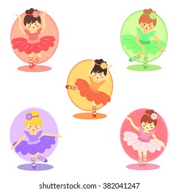 Cute Colorful Ballerina Girl Set. Ballerina girls with different color dress tutu dancing ballet in white background.