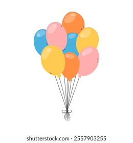 Cute colorful balloons bunch isolated vector illustration. Different decorative hand drawn elements for Birthday, party, event and other celebration designs. Various festive inflated balloons tied up.
