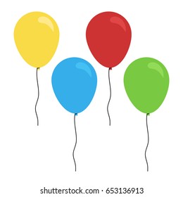 Cute colorful balloons with strings, isolated flat icon of balloons, vector illustration doodle cartoon drawing.