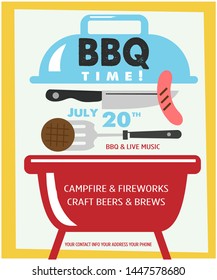Cute and colorful barbecue invitation design template with grill