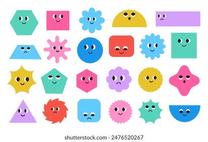 Niedliche bunte geometrische Grundfiguren mit Gesichtsgefühlen. Set aus verschiedenen Formen quadratisch, Kreis, Rechteck, Blume, Stern, Rhombus, Sechseck usw. Lustige Charaktere. Trendy Vektorillustration für Kinder