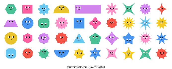Cute colorful basic Geometric Figures with face emotions. Set of different shapes square, circle, rectangle, flower, star, rhombus, hexagon etc. Funny characters. Trendy vector illustration for kids