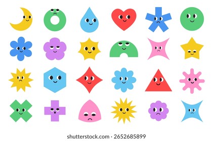 Cute colorful basic Geometric Figures with face emotions. Set of different shapes moon, heart, drop, flower, star, rhombus, hexagon etc. Funny characters. Trendy vector illustration for kids