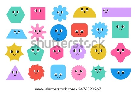 Cute colorful basic Geometric Figures with face emotions. Set of different shapes square, circle, rectangle, flower, star, rhombus, hexagon etc. Funny characters. Trendy vector illustration for kids