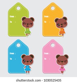 Cute Colorful Bear Girls Vector Cartoon Illustration For Birthday Gift Tags Design, Postcard And Sticker Set