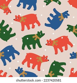 Cute colorful bears in yellow scarf and snowflakes hand drawn vector illustration. Funny Christmas animal in flat style seamless pattern for kids fabric or wallpaper.