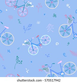 Cute colorful beautiful bicycles pattern with decorative wheels and flowers. Doodle style. Vector illustration