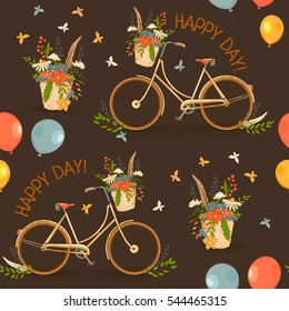 Cute colorful beautiful decorative bicycles seamless pattern with wheels, flowers and balloons and butterflies and basket with flowers. Vector illustration dark background, muted brown.