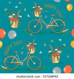 Cute colorful beautiful decorative bicycles seamless pattern with wheels, flowers and balloons and butterflies and basket with flowers. Vector illustration on blue background.