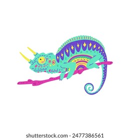 Cute colorful beautiful painted chameleon with horns and curled tail sitting on branch. Exotic wild guana with decorative pattern. Cartoon tropical predator lizard animal vector illustration isolated