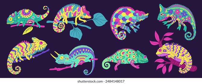 Cute colorful beautiful painted chameleon with curled tail flat vector illustrations set. Exotic wild guana with decorative patterns. Cartoon tropical predator lizard animal on branch isolated