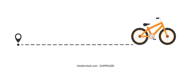 Cute colorful bicycle with start location pin. Color child bike with line route. Healthy and travel concept. Vector illustration isolated on white.